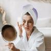 LEOSUCRE Microfiber Hair Towel Wrap Ultra Absorbent Hair Cap, Ombre Purple and White Hair Towel with Buttons Hair Drying Towel Turban Bath Hair Wrap for Woman 26x10in Gradient Color view 3