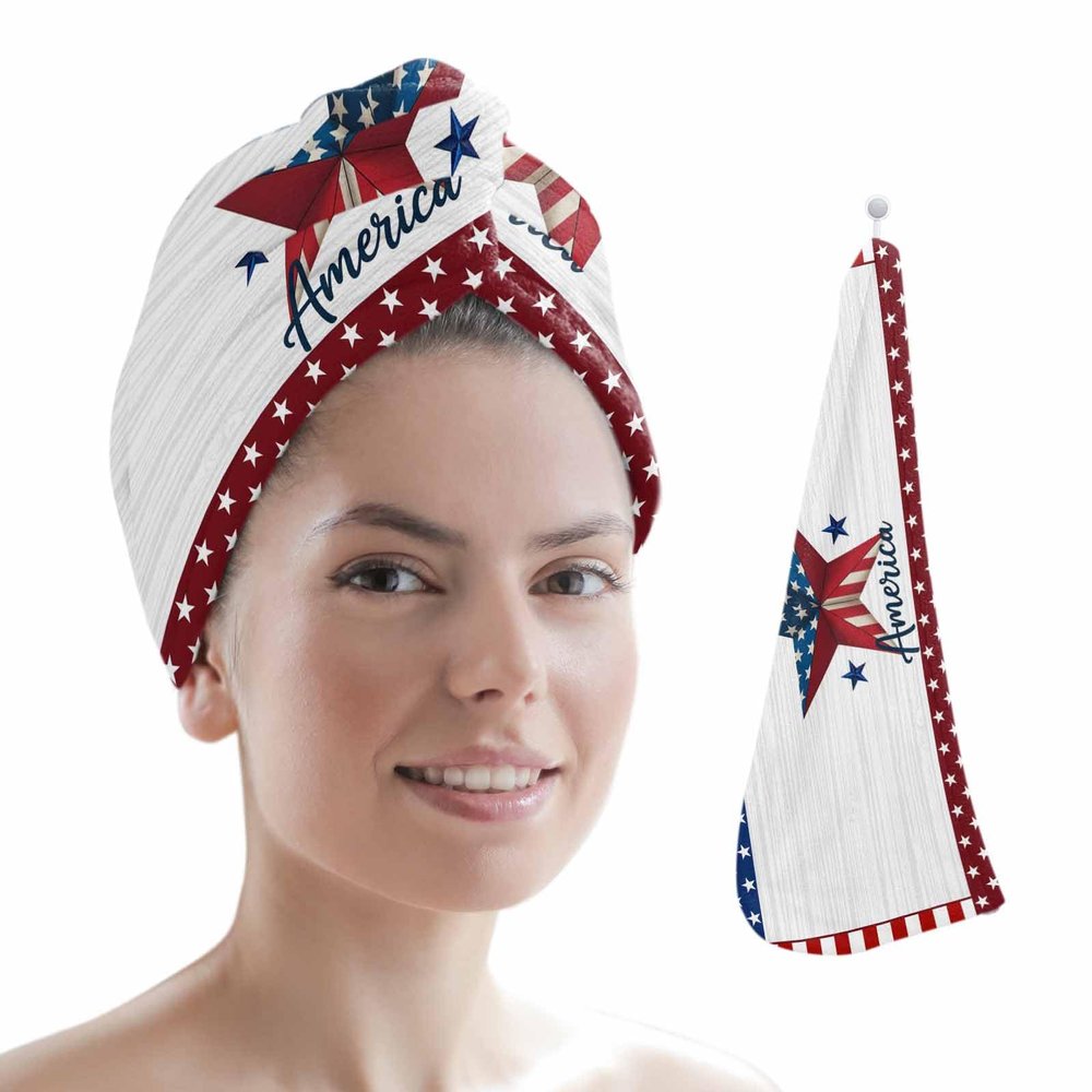 LEOSUCRE Microfiber Hair Towel Wrap Ultra Absorbent Hair Cap, Independence Day Hair Towel with Buttons Hair Drying Towel Turban Bath Hair Wrap for Woman 26x10in USA Flag Star Wooden Grain
