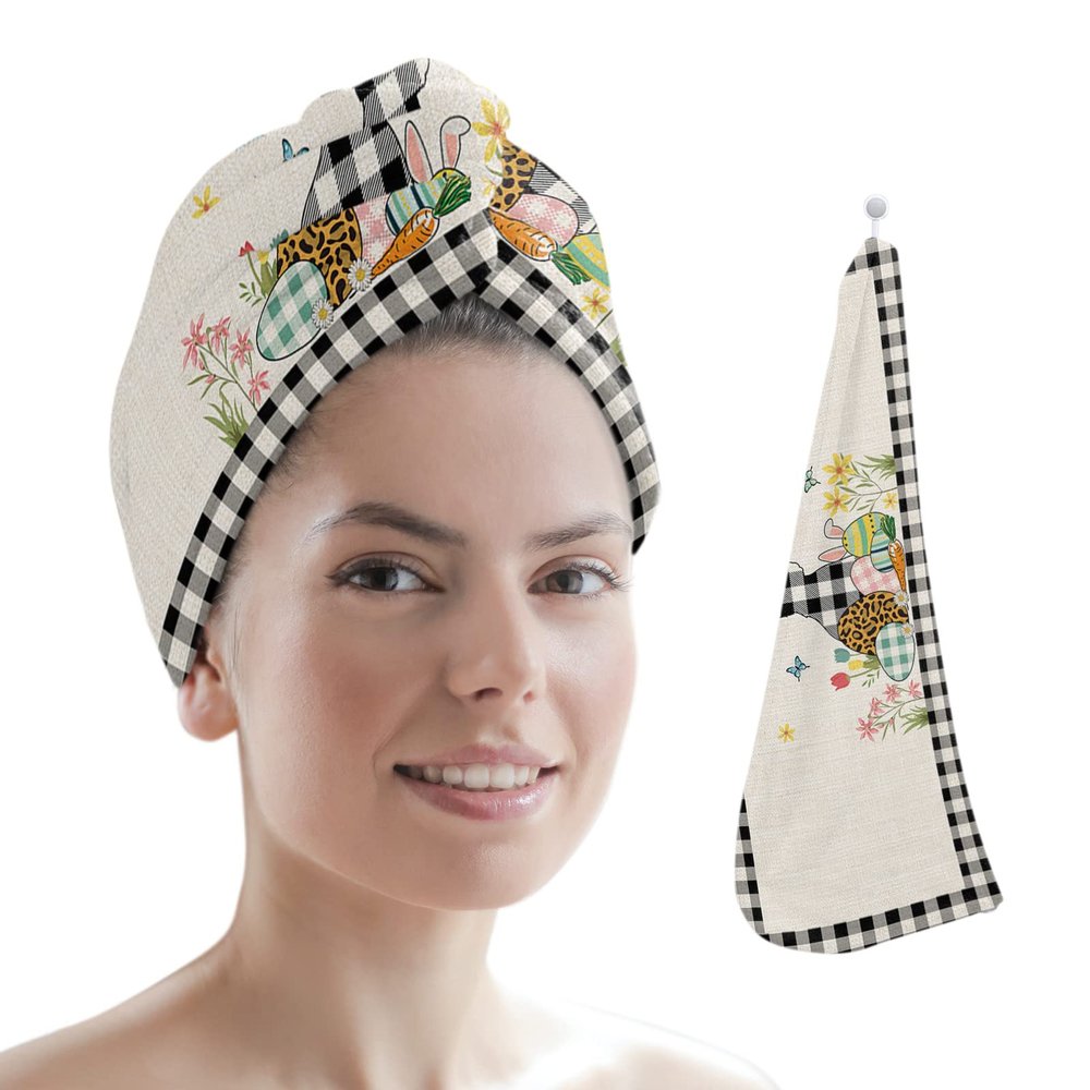 LEOSUCRE Microfiber Hair Towel Wrap Ultra Absorbent Hair Cap, Easter Bunny Hair Towel with Buttons Hair Drying Towel Turban Bath Hair Wrap for Woman 26x10in Eggs Spring Black and White Plaid