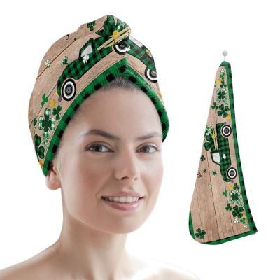 LEOSUCRE Microfiber Hair Towel Wrap Absorbent Hair Cap, Green Plaid Truck Clover Hair Towel with Buttons Hair Drying Towel Turban Bath Hair Wrap for Woman 26x10in St. Patricks Retro Wooden Grain