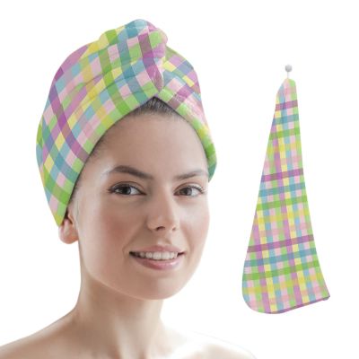 LEOSUCRE Microfiber Hair Towel Wrap Ultra Absorbent Hair Cap, Spring Easter Hair Towel with Buttons Hair Drying Towel Turban Bath Hair Wrap for Woman 26x10in Colorful Line Checkered