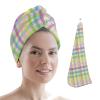 LEOSUCRE Microfiber Hair Towel Wrap Ultra Absorbent Hair Cap, Spring Easter Hair Towel with Buttons Hair Drying Towel Turban Bath Hair Wrap for Woman 26x10in Colorful Line Checkered view 1