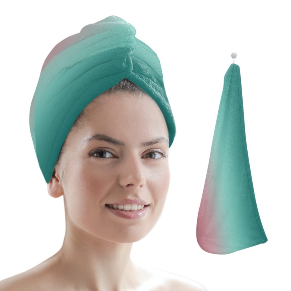 LEOSUCRE Microfiber Hair Towel Wrap Ultra Absorbent Hair Cap, Ombre Green Pink Hair Towel with Buttons Hair Drying Towel Turban Bath Hair Wrap for Woman 26x10in Abstract Painting