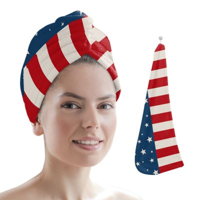 LEOSUCRE Microfiber Hair Towel Wrap Ultra Absorbent Hair Cap, Independence Day Hair Towel with Buttons Hair Drying Towel Turban Bath Hair Wrap for Woman 26x10in 4th of July Flag Star