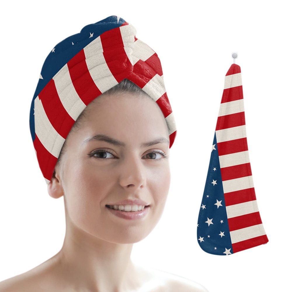 LEOSUCRE Microfiber Hair Towel Wrap Ultra Absorbent Hair Cap, Independence Day Hair Towel with Buttons Hair Drying Towel Turban Bath Hair Wrap for Woman 26x10in 4th of July Flag Star