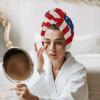 LEOSUCRE Microfiber Hair Towel Wrap Ultra Absorbent Hair Cap, Independence Day Hair Towel with Buttons Hair Drying Towel Turban Bath Hair Wrap for Woman 26x10in 4th of July Flag Star view 3