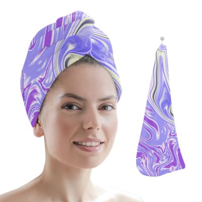 LEOSUCRE Microfiber Hair Towel Wrap Ultra Absorbent Hair Cap, Ombre Purple Marble Fluid Hair Towel with Buttons Hair Drying Towel Turban Bath Hair Wrap for Woman 26x10in Abstract Marble Texture