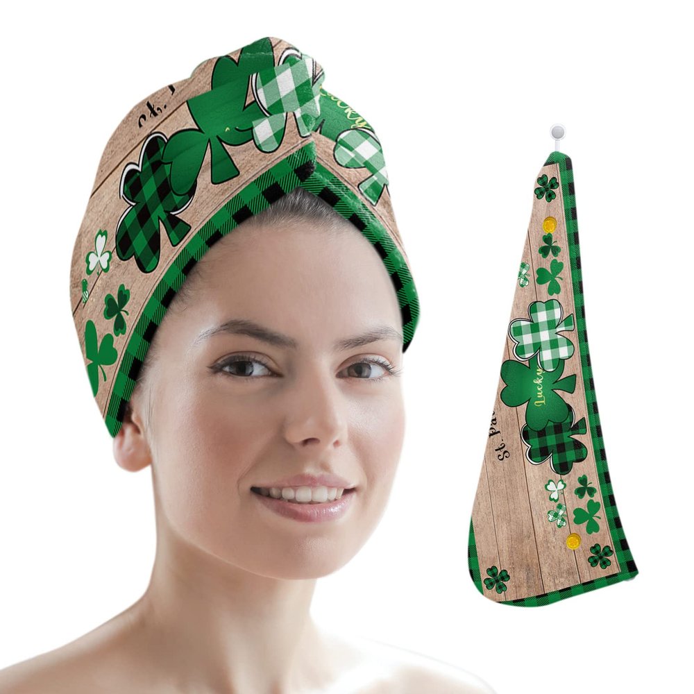 LEOSUCRE Microfiber Hair Towel Wrap Ultra Absorbent Hair Cap, St. Patricks Wooden Grain Hair Towel with Buttons Hair Drying Towel Turban Bath Hair Wrap for Woman 26x10in Clover Buffalo Plaid Shamrock
