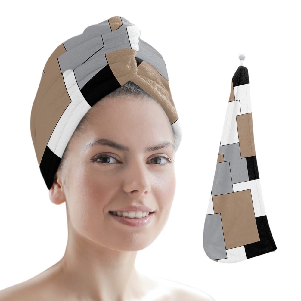 LEOSUCRE Microfiber Hair Towel Wrap Ultra Absorbent Hair Cap, Abstract Color Block Hair Towel with Buttons Hair Drying Towel Turban Bath Hair Wrap for Woman 26x10in Brown Gray Black Geometric