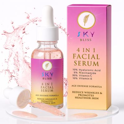 Glow-Boosting Anti-Aging Serum  30% Vitamin C, 10% Hyaluronic Acid, 10% Vitamin E, 5% Niacinamide | Pore Refining & Collagen Support | Sky Bliss 4-in-1 Facial Serum