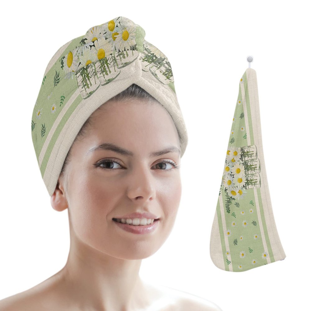 LEOSUCRE Microfiber Hair Towel Wrap Ultra Absorbent Hair Cap, Summer Daisy Hair Towel with Buttons Hair Drying Towel Turban Bath Hair Wrap for Woman 26x10in Farmhouse Flowers Vintage Backdrop