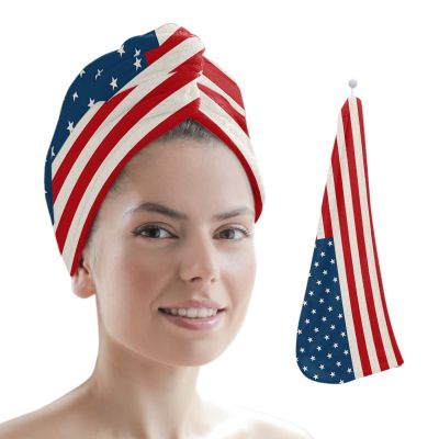 LEOSUCRE Microfiber Hair Towel Wrap Ultra Absorbent Hair Cap, American Flag Hair Towel with Buttons Hair Drying Towel Turban Bath Hair Wrap for Woman 26x10in Patriot Day Burlap Texture