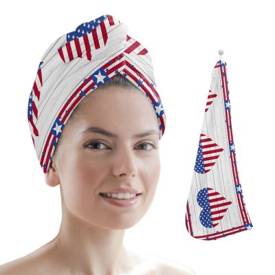 LEOSUCRE Microfiber Hair Towel Wrap Ultra Absorbent Hair Cap, Love American Flag Hair Towel with Buttons Hair Drying Towel Turban Bath Hair Wrap for Woman 26x10in Farmhouse Star Wooden Grain