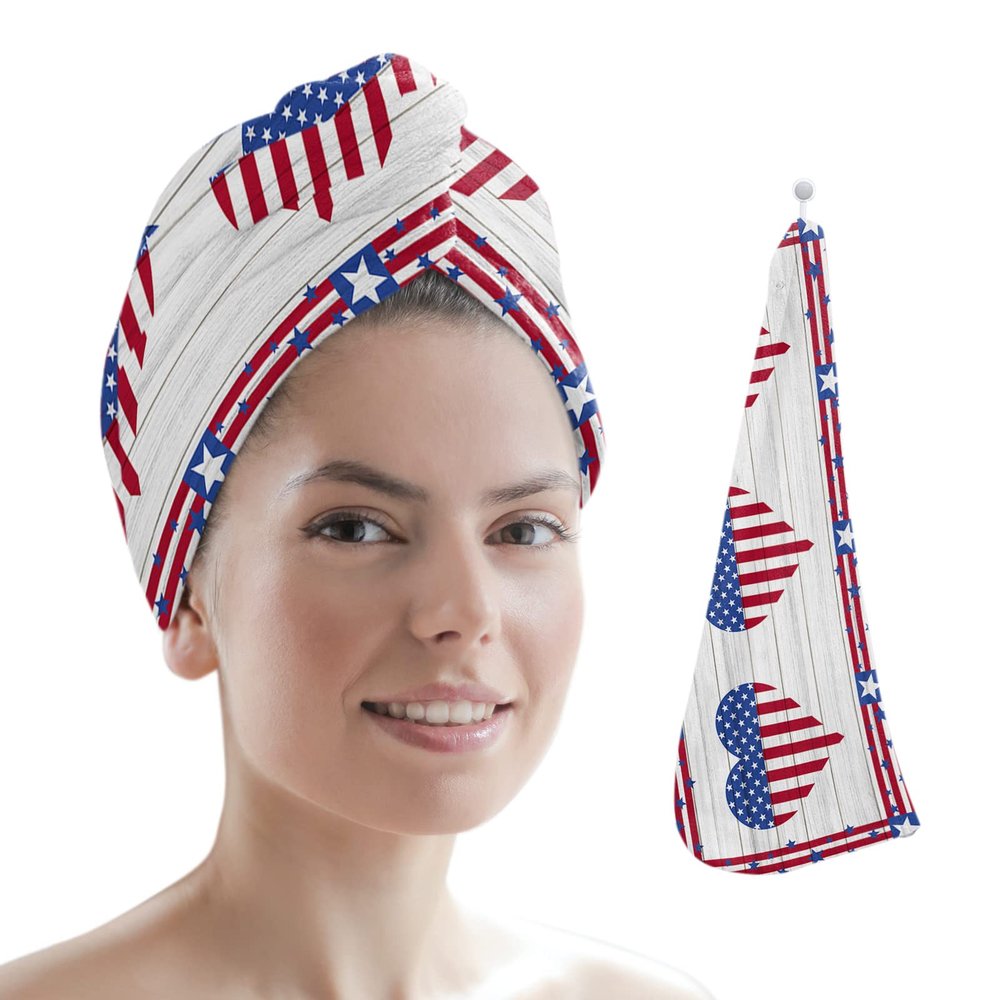 LEOSUCRE Microfiber Hair Towel Wrap Ultra Absorbent Hair Cap, Love American Flag Hair Towel with Buttons Hair Drying Towel Turban Bath Hair Wrap for Woman 26x10in Farmhouse Star Wooden Grain