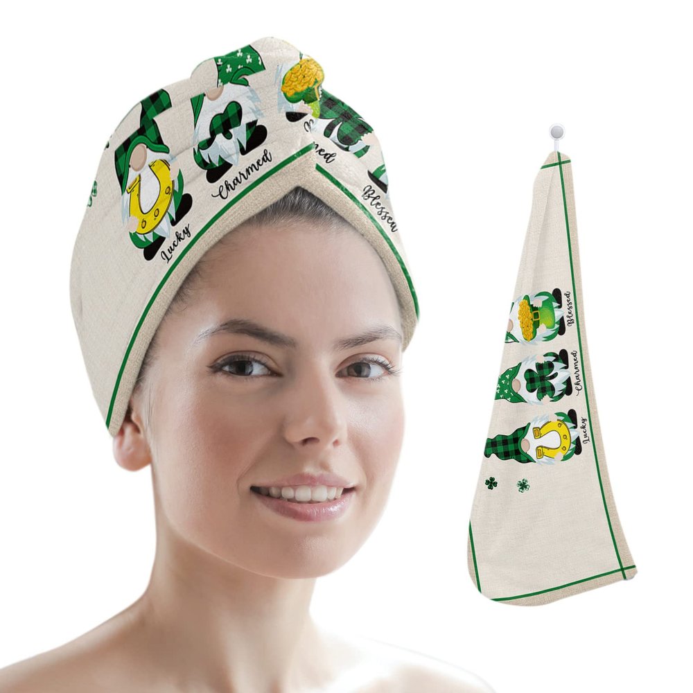 LEOSUCRE Microfiber Hair Towel Wrap Ultra Absorbent Hair Cap, Farmhouse St. Patricks Hair Towel with Buttons Hair Drying Towel Turban Bath Hair Wrap for Woman 26x10in Lucky Gnomes Burlap