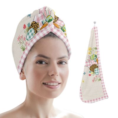 LEOSUCRE Microfiber Hair Towel Wrap Ultra Absorbent Hair Cap, Easter Bunny Hair Towel with Buttons Hair Drying Towel Turban Bath Hair Wrap for Woman 26x10in Eggs Spring Floral Pink Plaid