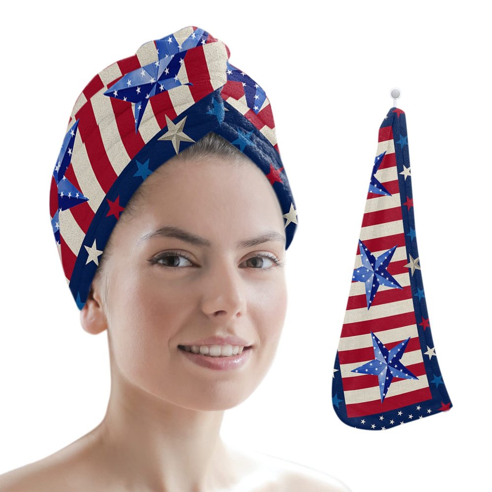 LEOSUCRE Microfiber Hair Towel Wrap Ultra Absorbent Hair Cap, American Flag Hair Towel with Buttons Hair Drying Towel Turban Bath Hair Wrap for Woman 26x10in Star Tiled Stripes Backdrop