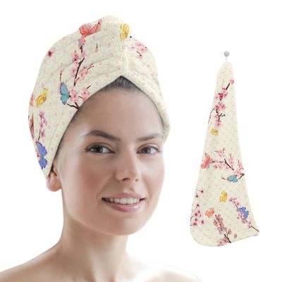 LEOSUCRE Microfiber Hair Towel Wrap Ultra Absorbent Hair Cap, Butterfly and Floral Hair Towel with Buttons Hair Drying Towel Turban Bath Hair Wrap for Woman 26x10in Cherry Blossoms Plum Bossom