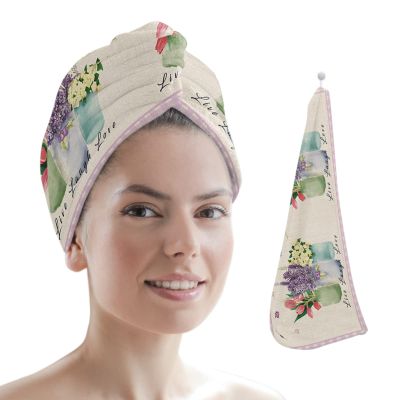 LEOSUCRE Microfiber Hair Towel Wrap Ultra Absorbent Hair Cap, Farmhouse Floral Hair Towel with Buttons Hair Drying Towel Turban Bath Hair Wrap for Woman 26x10in Lavender Tulip Flowers Vintage Plaid