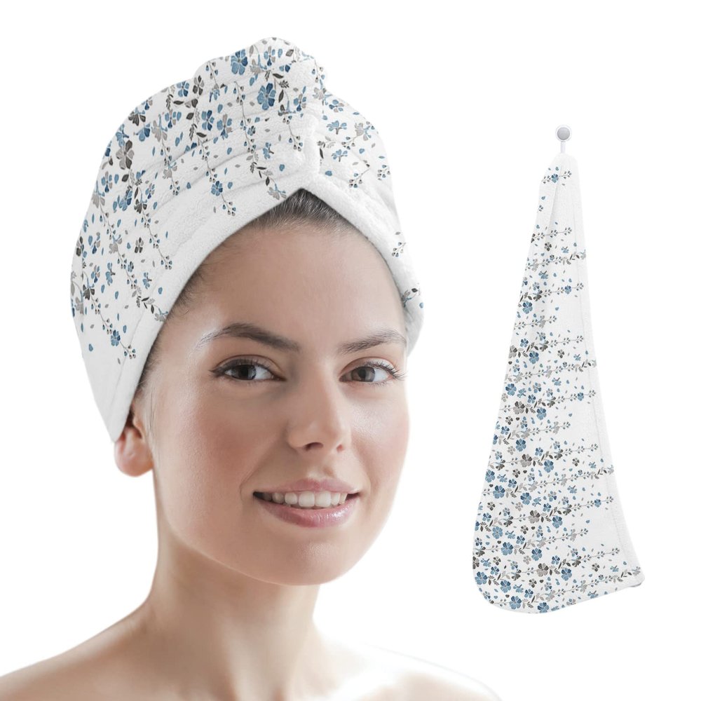 LEOSUCRE Microfiber Hair Towel Wrap Ultra Absorbent Hair Cap, Blue and Gray Floral Hair Towel with Buttons Hair Drying Towel Turban Bath Hair Wrap for Woman 26x10in Draping Flower Rural Texture