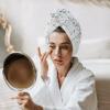 LEOSUCRE Microfiber Hair Towel Wrap Ultra Absorbent Hair Cap, Blue and Gray Floral Hair Towel with Buttons Hair Drying Towel Turban Bath Hair Wrap for Woman 26x10in Draping Flower Rural Texture view 3