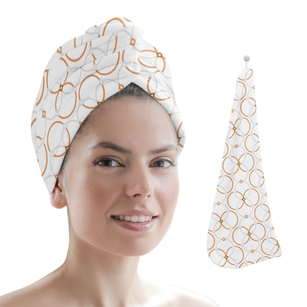 LEOSUCRE Microfiber Hair Towel Wrap Ultra Absorbent Hair Cap, Modern Geometric Hair Towel with Buttons Hair Drying Towel Turban Bath Hair Wrap for Woman 26x10in White and Brown Spiral Round