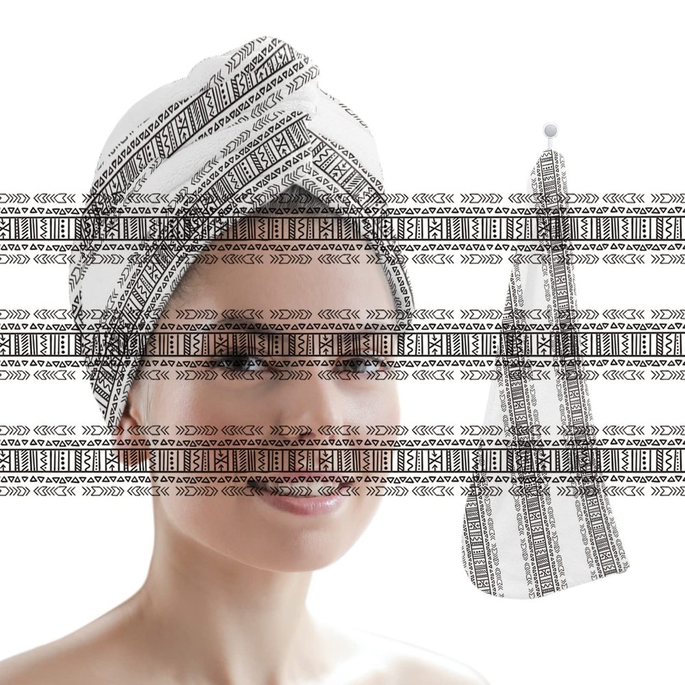LEOSUCRE Microfiber Hair Towel Wrap Ultra Absorbent Hair Cap, Ethnic Boho Hair Towel with Buttons Hair Drying Towel Turban Bath Hair Wrap for Woman 26x10in Black and White Abstract