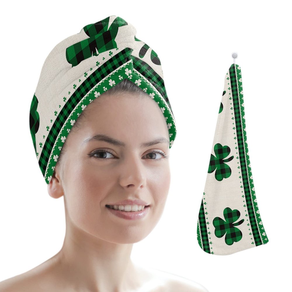 LEOSUCRE Microfiber Hair Towel Wrap Ultra Absorbent Hair Cap, St Patrick Day Hair Towel with Buttons Hair Drying Towel Turban Bath Hair Wrap for Woman 26x10in Lucky Clover Green Plaid Burlap Backdrop