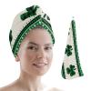 LEOSUCRE Microfiber Hair Towel Wrap Ultra Absorbent Hair Cap, St Patrick Day Hair Towel with Buttons Hair Drying Towel Turban Bath Hair Wrap for Woman 26x10in Lucky Clover Green Plaid Burlap Backdrop view 1