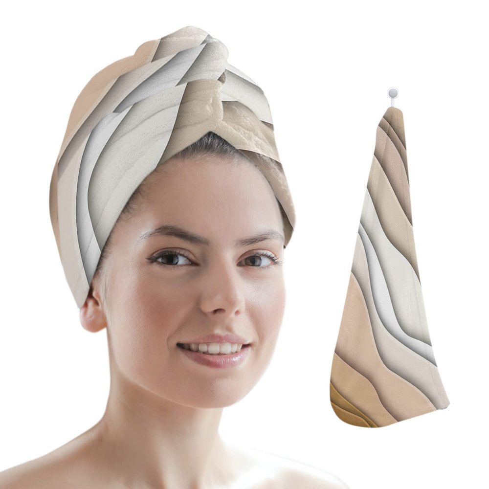 LEOSUCRE Microfiber Hair Towel Wrap Ultra Absorbent Hair Cap, Abstract Beach Hair Towel with Buttons Hair Drying Towel Turban Bath Hair Wrap for Woman 26x10in Ombre Yellow Geometric