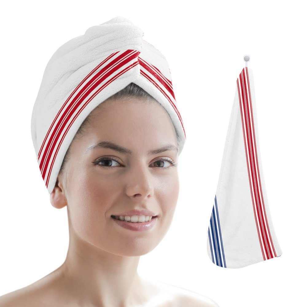 LEOSUCRE Microfiber Hair Towel Wrap Ultra Absorbent Hair Cap, Independence Hair Towel with Buttons Hair Drying Towel Turban Bath Hair Wrap for Woman 26x10in American Flag Stripes Red Blue