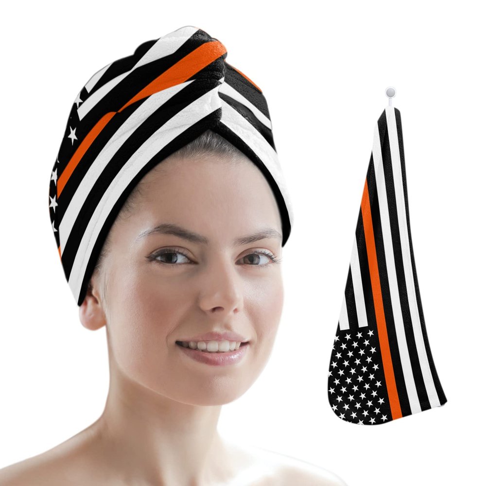 LEOSUCRE Microfiber Hair Towel Wrap Ultra Absorbent Hair Cap, American Flag Hair Towel with Buttons Hair Drying Towel Turban Bath Hair Wrap for Woman 26x10in Star Stripes Orange Line