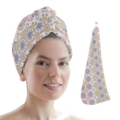 LEOSUCRE Microfiber Hair Towel Wrap Ultra Absorbent Hair Cap, Boho Hair Towel with Buttons Hair Drying Towel Turban Bath Hair Wrap for Woman 26x10in Pink Ethnic Floral Prints Vintage Style