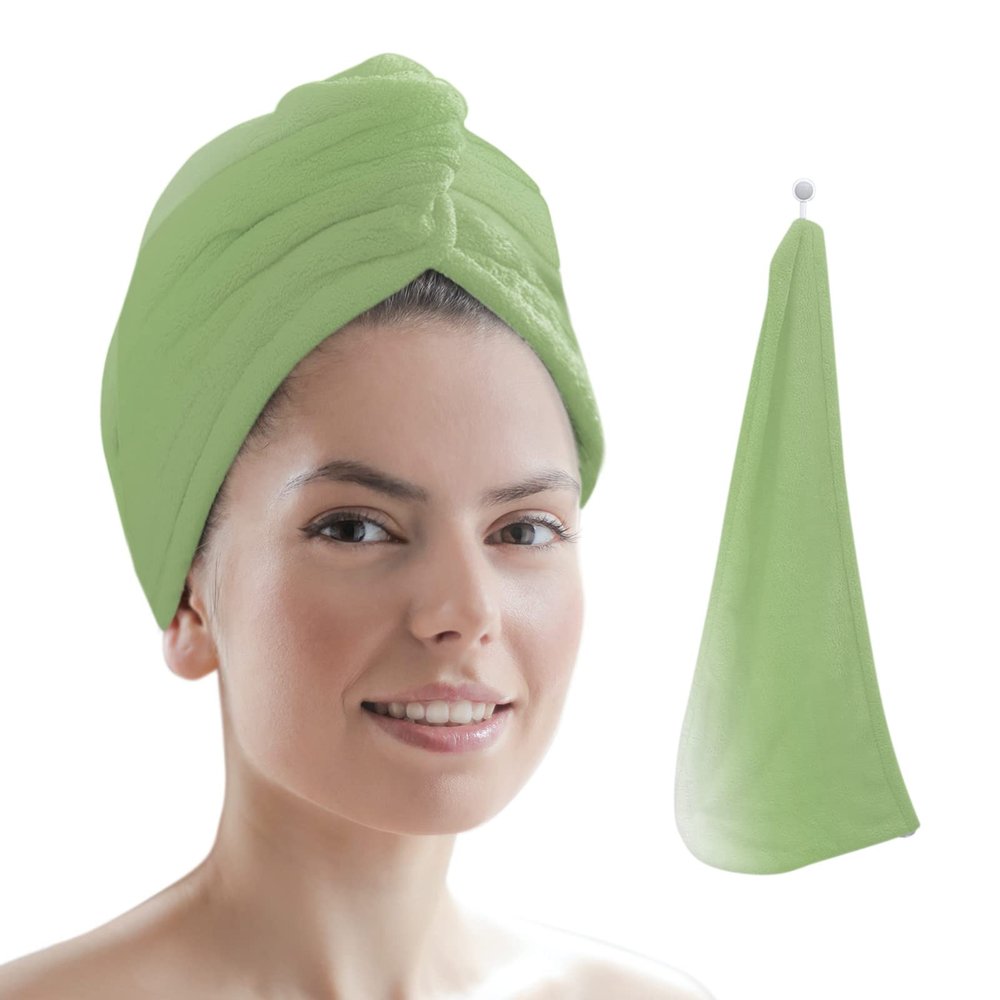 LEOSUCRE Microfiber Hair Towel Wrap Ultra Absorbent Hair Cap, Ombre White and Green Hair Towel with Buttons Hair Drying Towel Turban Bath Hair Wrap for Woman 26x10in Abstract Gradient Texture