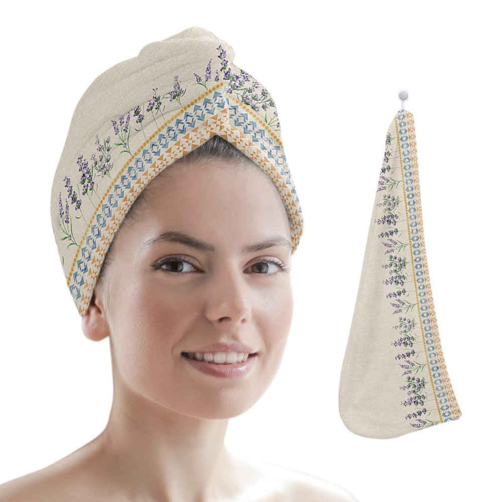 LEOSUCRE Microfiber Hair Towel Wrap Ultra Absorbent Hair Cap, Lavender Floral Hair Towel with Buttons Hair Drying Towel Turban Bath Hair Wrap for Woman 26x10in Abstract Bohemia Style