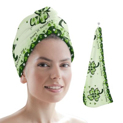 LEOSUCRE Microfiber Hair Towel Wrap Ultra Absorbent Hair Cap, Happy St Patrick Day Hair Towel with Buttons Hair Drying Towel Turban Bath Hair Wrap for Woman 26x10in Lucky Clover Green Backdrop