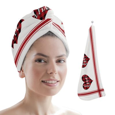 LEOSUCRE Microfiber Hair Towel Wrap Ultra Absorbent Hair Cap, Farmhouse Valentines Hair Towel with Buttons Hair Drying Towel Turban Bath Hair Wrap for Woman 26x10in Love Heart Red Buffalo Plaid