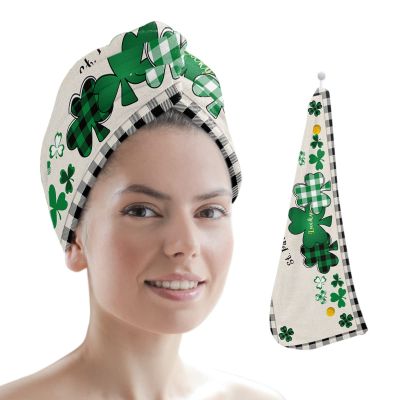 LEOSUCRE Microfiber Hair Towel Wrap Ultra Absorbent Hair Cap, St. Patricks Day Hair Towel with Buttons Hair Drying Towel Turban Bath Hair Wrap for Woman 26x10in Clover Buffalo Plaid Shamrock