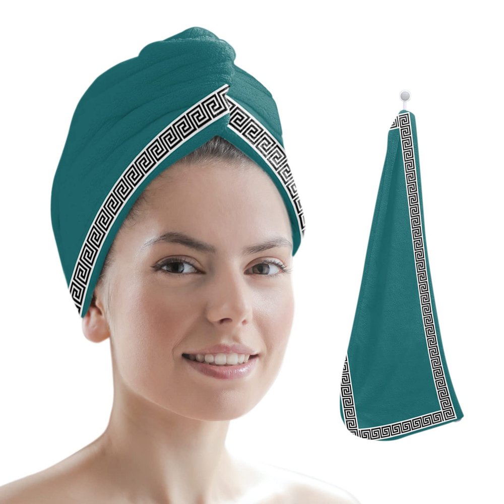LEOSUCRE Microfiber Hair Towel Wrap Ultra Absorbent Hair Cap, Simple Teal Floral Texture Hair Towel with Buttons Hair Drying Towel Turban Bath Hair Wrap for Woman 26x10in Art Painting