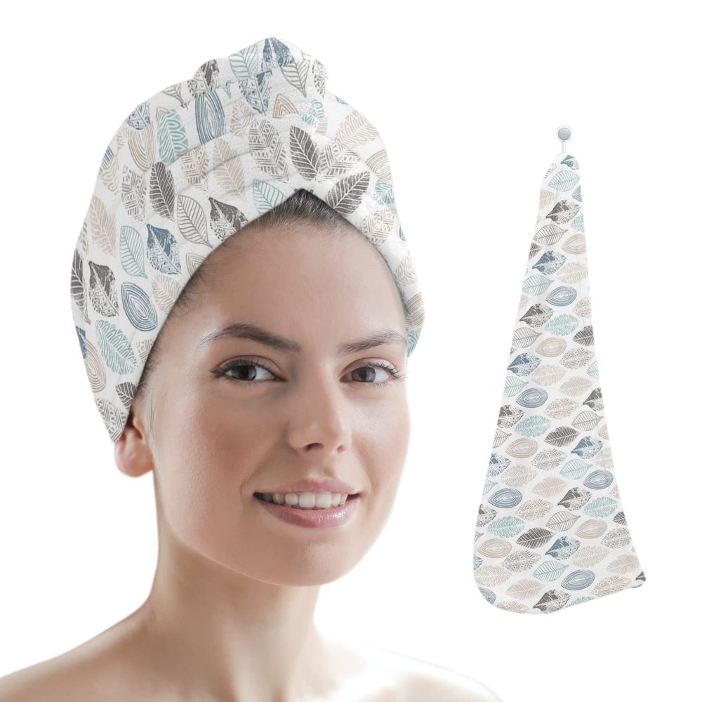LEOSUCRE Microfiber Hair Towel Wrap Ultra Absorbent Hair Cap, Colorful Leaves Hair Towel with Buttons Hair Drying Towel Turban Bath Hair Wrap for Woman 26x10in Abstract Plant Tiled Pattern