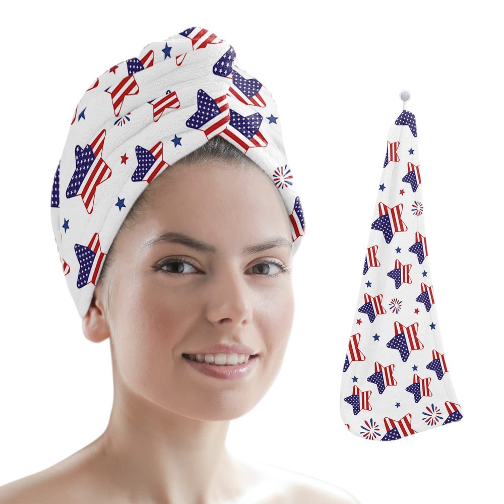 LEOSUCRE Microfiber Hair Towel Wrap Ultra Absorbent Hair Cap, Red Stripes Star Hair Towel with Buttons Hair Drying Towel Turban Bath Hair Wrap for Woman 26x10in Independence Day Flag