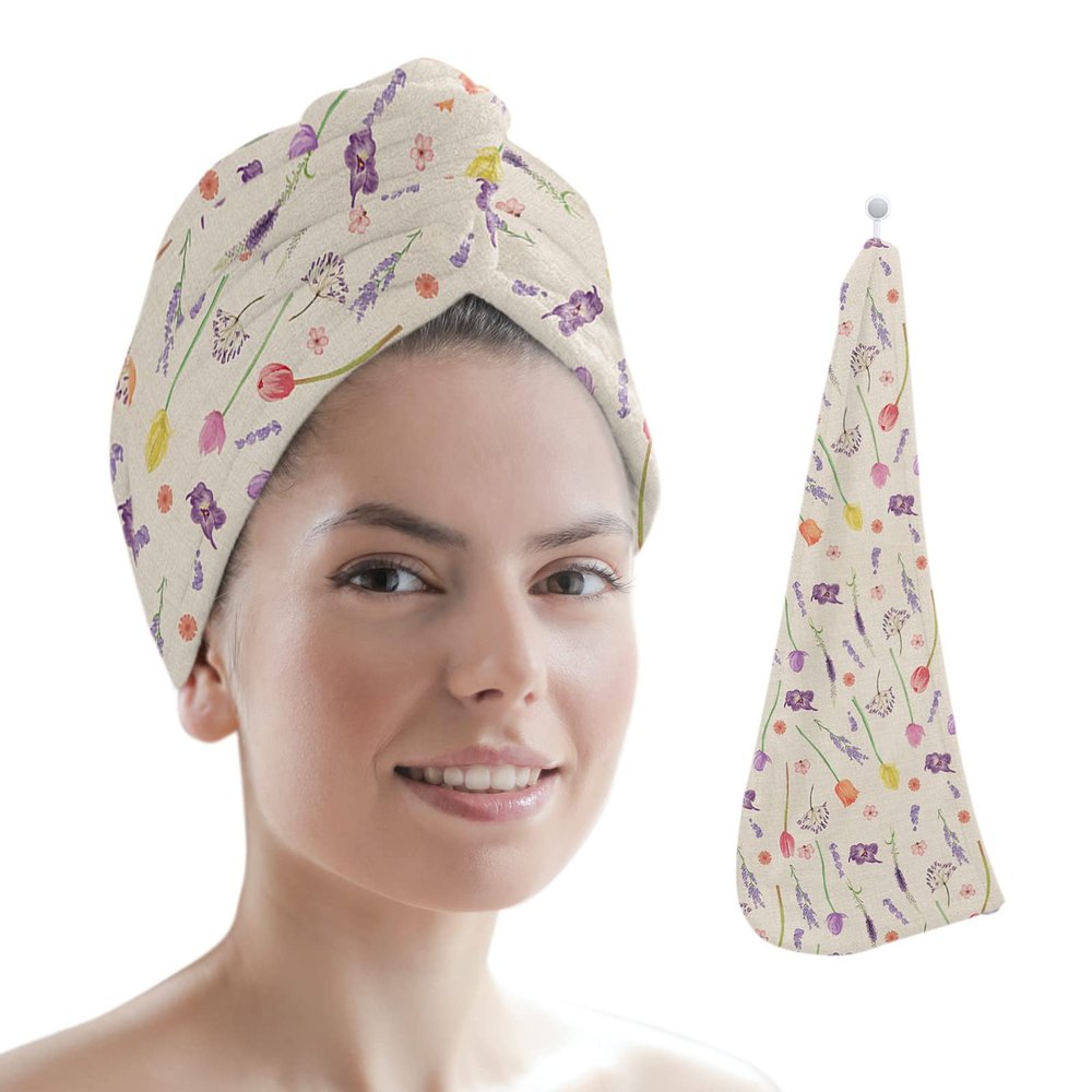 LEOSUCRE Microfiber Hair Towel Wrap Ultra Absorbent Hair Cap, Spring Floral Hair Towel with Buttons Hair Drying Towel Turban Bath Hair Wrap for Woman 26x10in Summer Tulip Lavender Burlap Backdrop