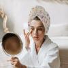 LEOSUCRE Microfiber Hair Towel Wrap Ultra Absorbent Hair Cap, Spring Floral Hair Towel with Buttons Hair Drying Towel Turban Bath Hair Wrap for Woman 26x10in Summer Tulip Lavender Burlap Backdrop view 3