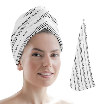 LEOSUCRE Microfiber Hair Towel Wrap Ultra Absorbent Hair Cap, Boho Hair Towel with Buttons Hair Drying Towel Turban Bath Hair Wrap for Woman 26x10in Black and White Abstract Geometric