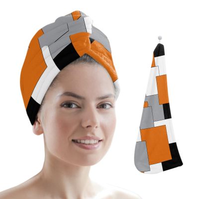 LEOSUCRE Microfiber Hair Towel Wrap Ultra Absorbent Hair Cap, Abstract Geometric Hair Towel with Buttons Hair Drying Towel Turban Bath Hair Wrap for Woman 26x10in Orange Black Gray Color Block