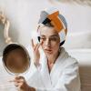 LEOSUCRE Microfiber Hair Towel Wrap Ultra Absorbent Hair Cap, Abstract Geometric Hair Towel with Buttons Hair Drying Towel Turban Bath Hair Wrap for Woman 26x10in Orange Black Gray Color Block view 3