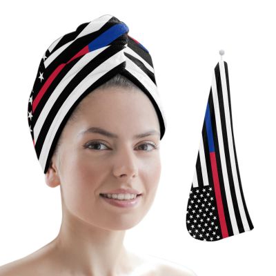 LEOSUCRE Microfiber Hair Towel Wrap Ultra Absorbent Hair Cap, American Flag Hair Towel with Buttons Hair Drying Towel Turban Bath Hair Wrap for Woman 26x10in Stripes Star Red Blue Line
