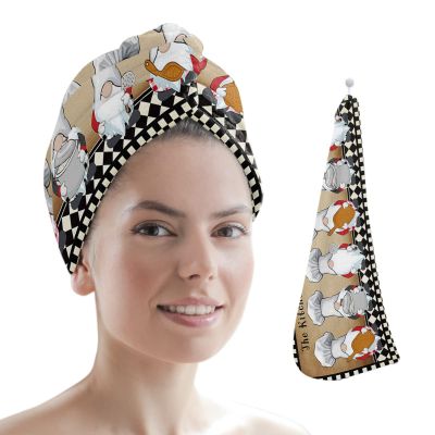 LEOSUCRE Microfiber Hair Towel Wrap Ultra Absorbent Hair Cap, Fat Chef Hair Towel with Buttons Hair Drying Towel Turban Bath Hair Wrap for Woman 26x10in Cook Gnomes Buffalo Plaid Vintage Backdrop