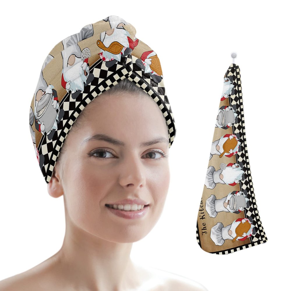 LEOSUCRE Microfiber Hair Towel Wrap Ultra Absorbent Hair Cap, Fat Chef Hair Towel with Buttons Hair Drying Towel Turban Bath Hair Wrap for Woman 26x10in Cook Gnomes Buffalo Plaid Vintage Backdrop