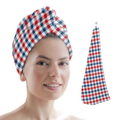 LEOSUCRE Microfiber Hair Towel Wrap Ultra Absorbent Hair Cap, Independence Day Hair Towel with Buttons Hair Drying Towel Turban Bath Hair Wrap for Woman 26x10in Blue and Red Buffalo Plaid